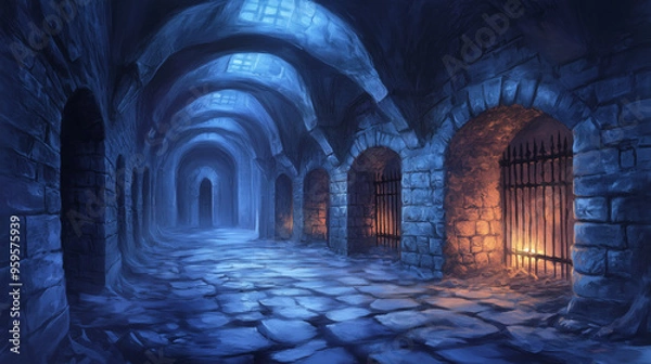 Fototapeta Illustration of a dimly lit medieval dungeon corridor with stone arches, barred gates, and glowing torchlight