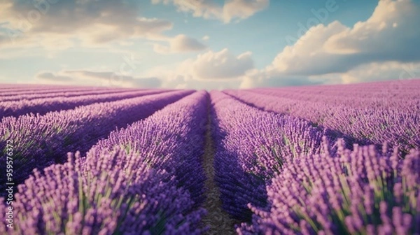 Fototapeta A field of lavender flowers with a beautiful blue sky in the background.