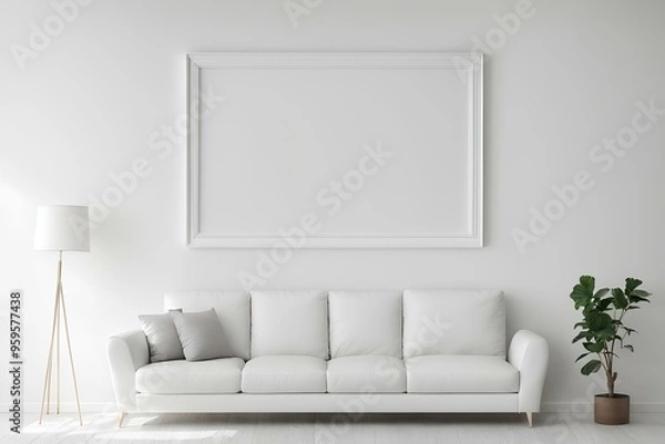 Fototapeta room with white wall and floor, modern interior design, white-toned white walls, a piece of furniture, a mock-up frame