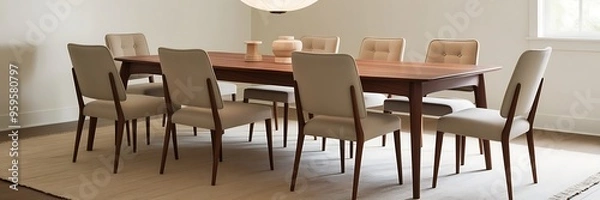 Fototapeta A Minimalist Dining Room with Contemporary Wall Art Illuminating the Balance of Modern Design and Tranquil Aesthetics