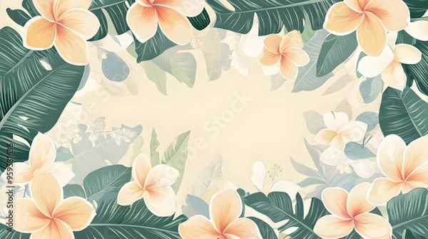 Obraz A flat vector illustration of a Plumeria border, intricate pattern with overlapping flowers , With some space in the area for text, soft pastel shades, painted with subtle textures