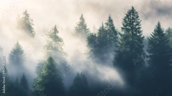 Fototapeta A misty forest with tall pine trees shrouded in fog and sunlight peeking through the branches.