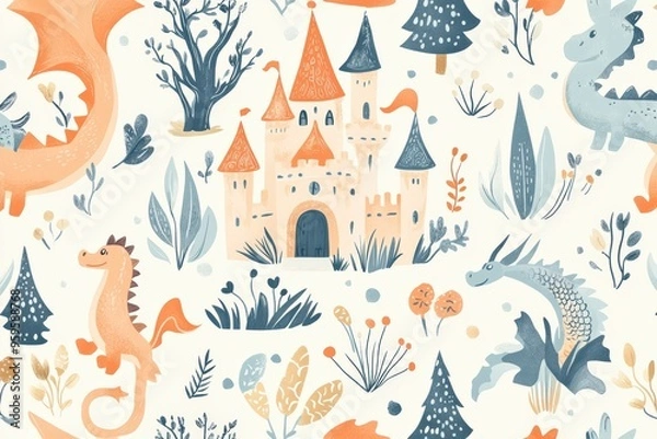 Fototapeta Create a seamless pattern with whimsical, hand-drawn fairy tale elements like castles, dragons, and enchanted forests. Use a soft, pastel color palette to evoke a magical and dreamy atmosphere 