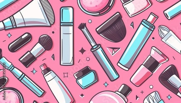 Obraz Cute cartoon pattern of beauty products on a pink background in the flat illustration style of vector graphics with simple lines and shapes. The design is colorful yet simple with simple details. The 