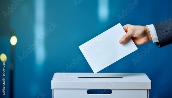 Obraz Detail von einer männlichen Hand, die einen Wahlzettel in die Wahlurne reinwirft