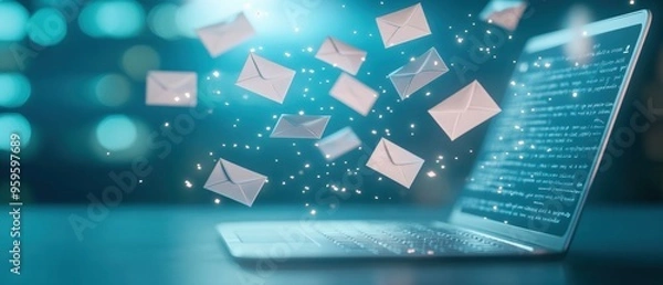 Fototapeta A modern laptop with floating email icons, illustrating digital communication and connectivity in a vibrant workspace.