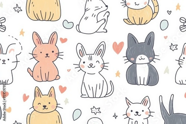 Fototapeta Pattern with hand-drawn doodles of cute animals, such as cats, dogs, and rabbits. Use a playful color scheme with pastel hues and include small, whimsical elements like hearts and stars