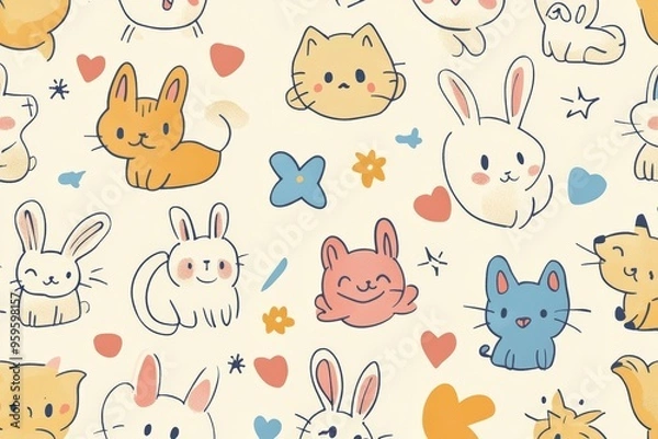 Fototapeta attern with hand-drawn doodles of cute animals, such as cats, dogs, and rabbits. Use a playful color scheme with pastel hues and include small