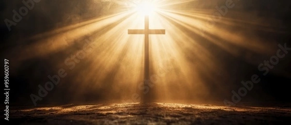 Fototapeta A serene image of a cross illuminated by radiant rays of light, symbolizing hope, faith, and spiritual enlightenment.