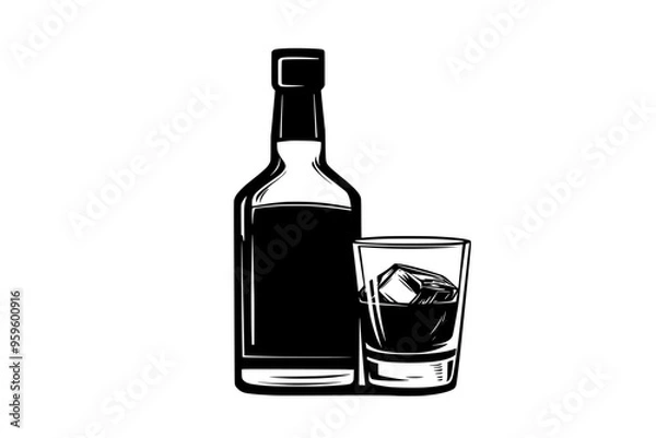 Fototapeta Unopened whiskey bottle with filled glass showing liquid inside, vector illustration art