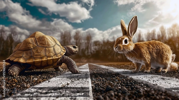Obraz tortoise and the hare facing on a race track