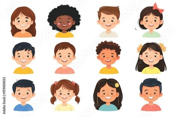 Obraz Set of children avatars. Bundle of smiling faces of boys and girls with different hairstyles, skin colors and ethnicities. Colorful flat vector illustration isolated on white background 