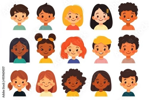 Obraz Set of children avatars. Bundle of smiling faces of boys and girls with different hairstyles, skin colors and ethnicities. Colorful flat vector illustration isolated on white background