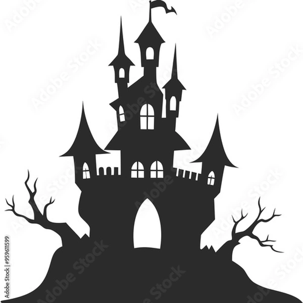 Obraz a silhouette of a spooky castle. The castle has multiple pointed towers and turrets, with a flag flying at the top. It is situated on a hill, and there are two bare, twisted trees on either side