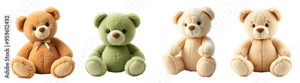 Fototapeta Four Colorful Teddy Bears Sitting in a Row, isolated in transparent background