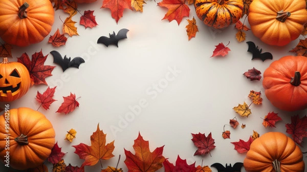 Fototapeta This Halloween party banner features a vibrant arrangement of pumpkins, bats, and autumn leaves, perfect for setting a spooky festive mood for a trick or treat celebration