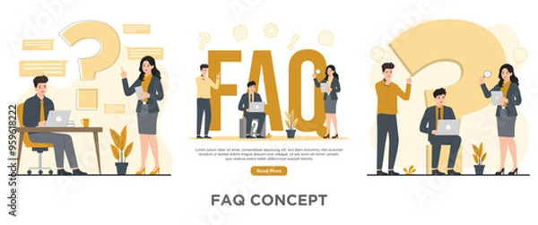 Fototapeta Flat vector faq faqs concept illustration frequently asked questions Man and woman with laptop and question mark. 