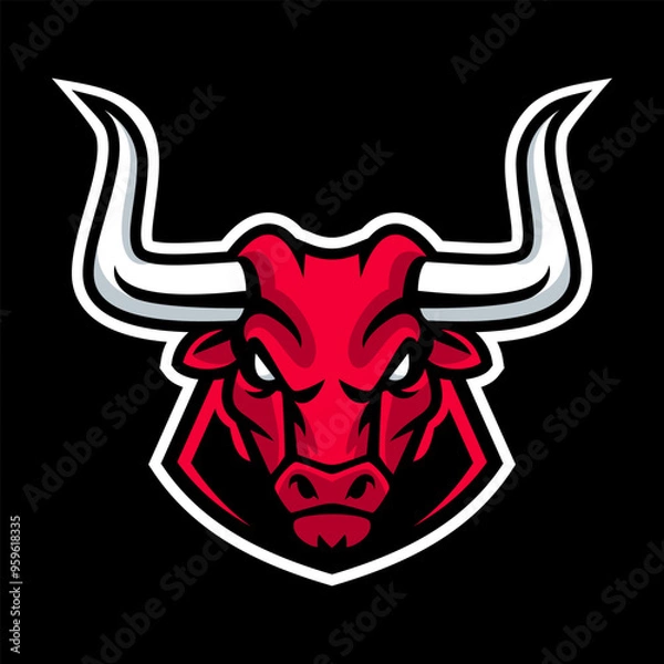 Obraz Red bull head mascot logo with angry expression for sport team on black background.