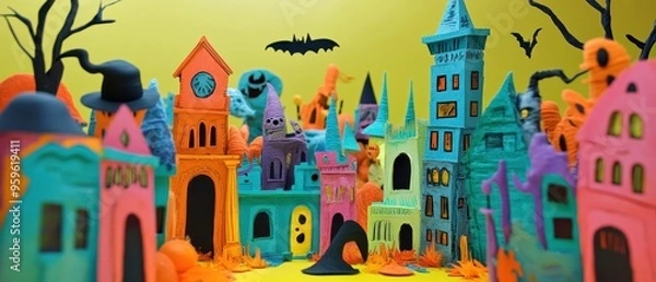 Obraz Colorful Halloween Village with Buildings, Ghosts, and Bats