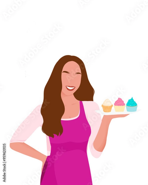 Obraz Woman Baker Holding Cupcakes in a Minimalist and Modern Art Style