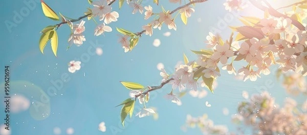 Fototapeta Branch of a cherry blossom tree in a sunny garden with a clear blue sky in the background Gentle natural scenery. Copy space image. Place for adding text and design