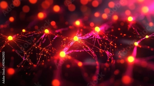 Fototapeta A digital background showcasing a 3D representation of neural networks, with glowing nodes connected by bright lines
