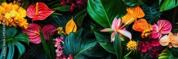 Fototapeta This arrangement showcases a stunning collection of tropical flowers, including vibrant orchids, birds of paradise, and anthuriums. Generative AI