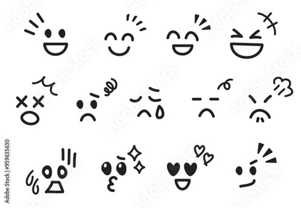 Obraz さまざまな表情の手書きのかわいい絵文字・顔文字　輪郭なし　黒