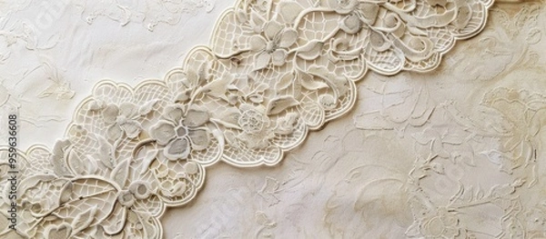 Fototapeta Gray lace on a beige paper background. Copy space image. Place for adding text and design