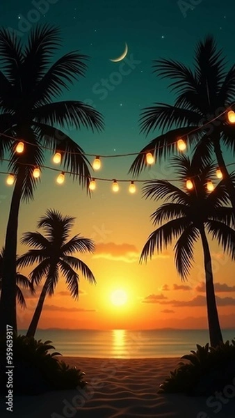 Fototapeta Sunset Beach Scene with Palm Trees and String Lights