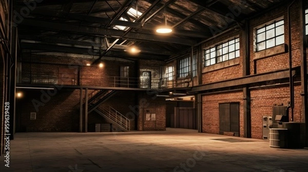 Fototapeta An empty interior of an old factory with brick walls, a steel staircase, and a light shining through a skylight.