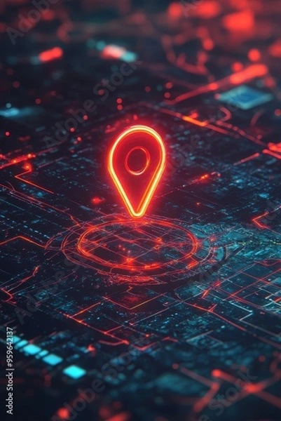 Fototapeta Futuristic Digital Map with Glowing Red Location Pin in a High-Tech Virtual Environment