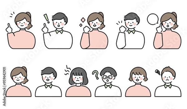 Fototapeta 人物イラスト　男女表情セット 上半身