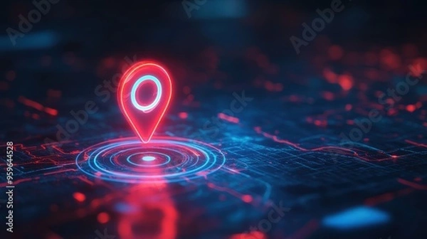 Fototapeta Neon Red Location Pin on Digital Map - Futuristic Navigation and GPS Technology Concept with Glowing Blue and Red Lights