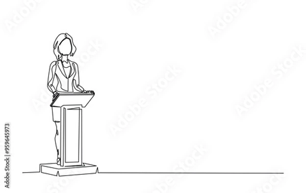 Obraz One continuous line drawing businesswoman speaking at the podium. Female politician speaking  in single line illustration.