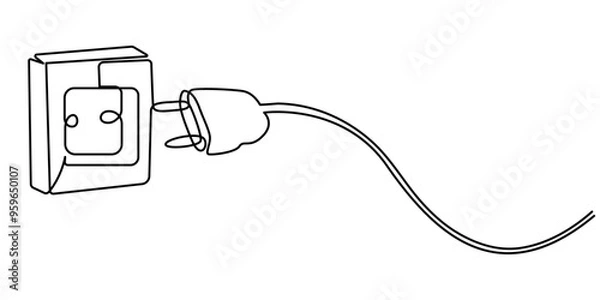 Obraz Plug inserted into electric outlet in continuous line art drawing style. Power plug and socket minimalist black linear sketch isolated on white background. Pro Vector illustration
