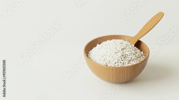 Fototapeta A close-up view of a bowl filled with white granular substance, perfect for culinary uses and minimalist kitchen decor.