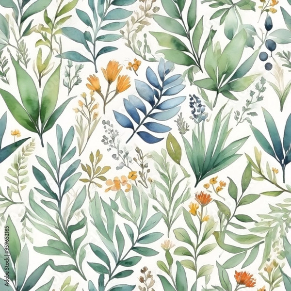 Fototapeta seamless Watercolor Pattern using botanical elements.