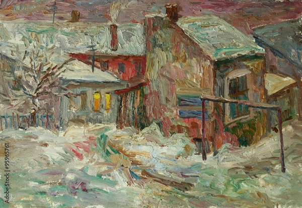 Fototapeta Beautiful bright colors  winter Original Oil Painting of street  On Canvas