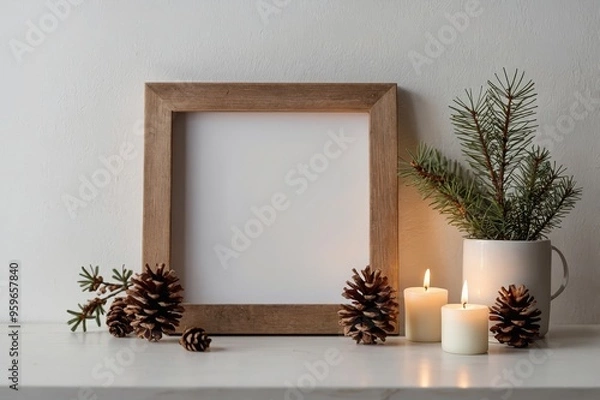 Fototapeta Small square wooden frame mockup with hanging pine branch, pinecone and candles on shelf on empty white wall background. Minimal Christmas interior decoration