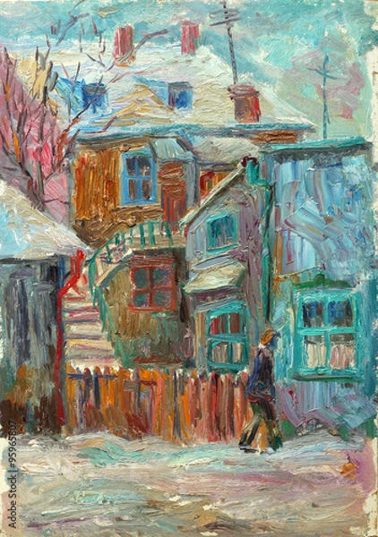 Obraz Beautiful bright colors  winter Original Oil Painting ofman walking on the street On Canvas
