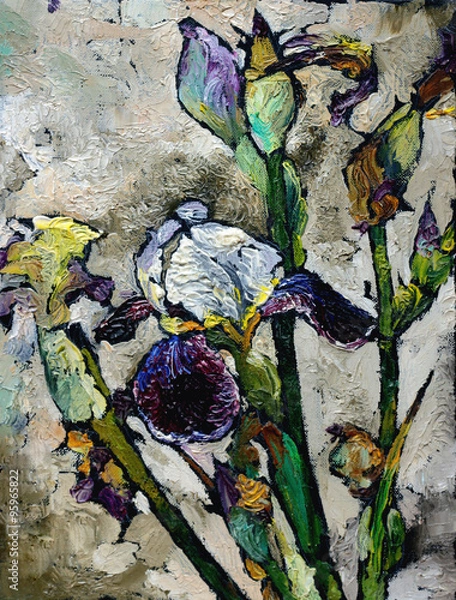 Obraz Oil painting still life with  blue violet  irises flowers On  Canvas with  texture in in the grayscale
