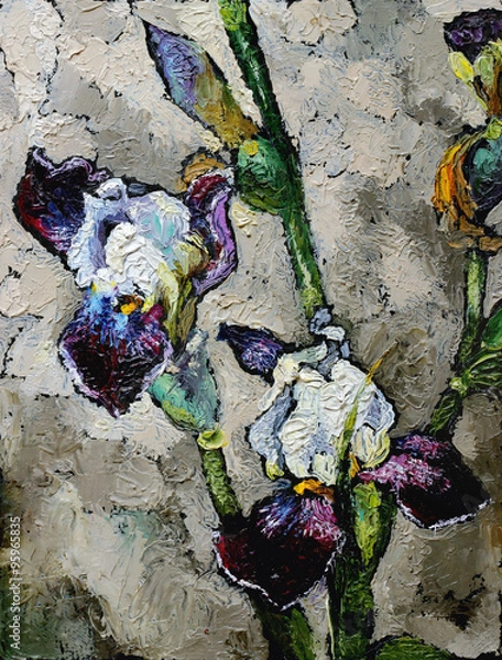 Obraz Oil painting still life with  blue violet  irises flowers On  Canvas with  texture in in the grayscale