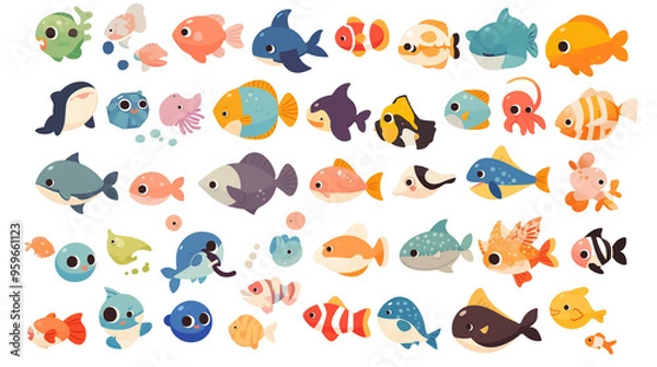 Fototapeta カラフルでかわいい海の生物キャラクターセット｜ポップな魚と海洋生物イラスト｜デザイン素材集