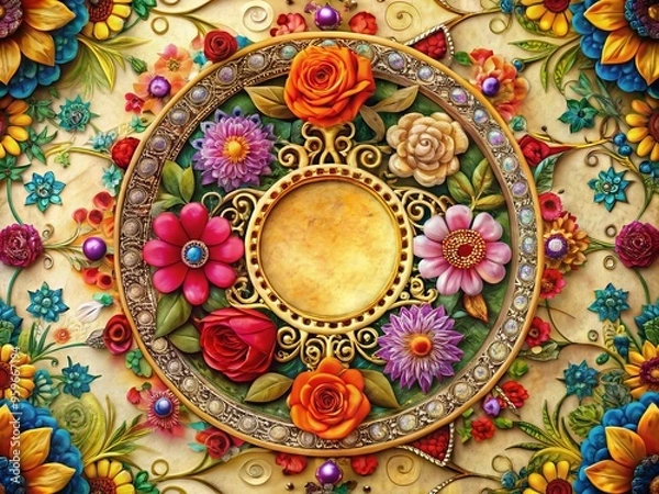 Fototapeta Photo image of a delicate, hand-drawn circular frame adorned with intricate floral patterns and ornate details surrounding a vibrant, colorful flower in the center