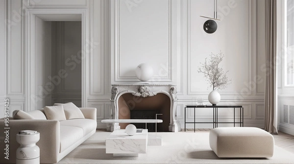 Fototapeta Living room with a deep sofa upholstered in soft velvet, paired with marble side tables and an elegant fireplace surrounded by minimalist decor.