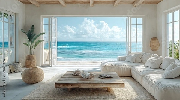 Fototapeta Coastal living room featuring soft pastel walls, a white-washed wood coffee table, and seashell decor, with large windows providing an unobstructed view of the serene ocean,