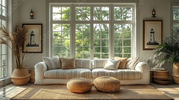 Fototapeta Coastal living room with classic Cape Cod style, featuring traditional furniture with striped upholstery, lighthouse-themed decor on the walls, and large windows bringing in soft natural light,