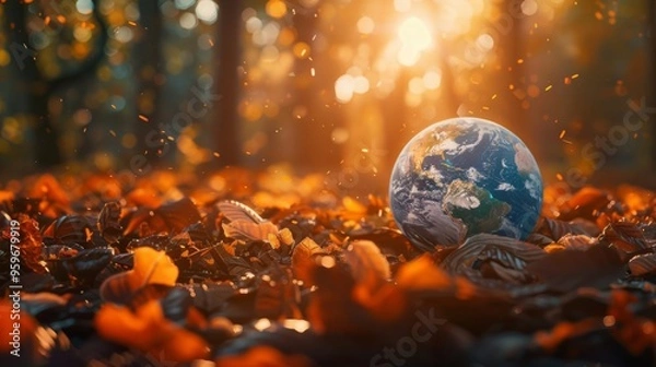 Fototapeta A vibrant globe resting on fallen leaves in a sunlit forest. Nature and earth unite in a serene autumn scene.