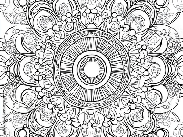 Fototapeta Mandala design featuring black patterns on a white background Circular geometric line art ideal for coloring books greeting cards and various decorative purposes